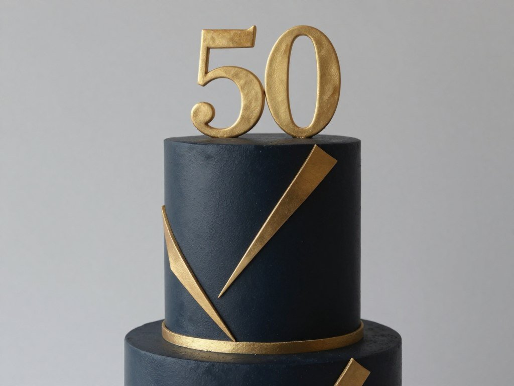 Elegant 50th birthday cake with gold accents, modern geometric design, and sophisticated decoration