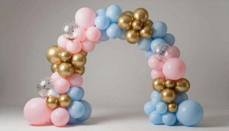 Elegant balloon arch in pastel colors with gold accents for a happy birthday celebration
