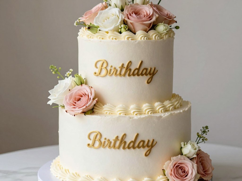 Elegant birthday cake decorated with fresh flowers and 'Happy Birthday Mom' written in beautiful calligraphy Elegant birthday cake decorated with fresh flowers and 'Happy Birthday Mom' written in beautiful calligraphy