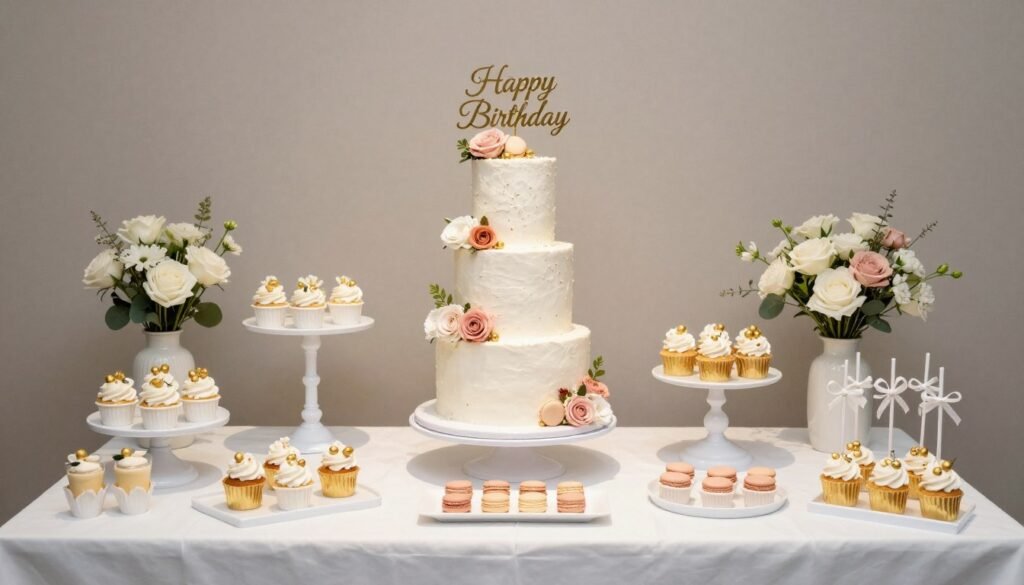 Elegant birthday dessert table with variety of sweets, cake, and decorative elements in coordinated colors Elegant birthday dessert table with variety of sweets, cake, and decorative elements in coordinated colors