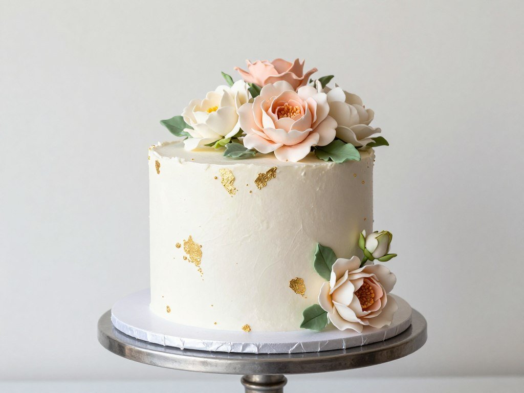 Elegant cake with delicate sugar flowers and gold leaf accents