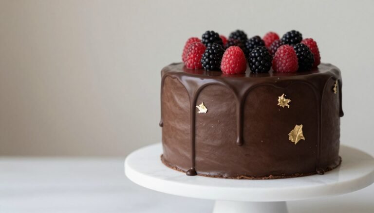 Elegant chocolate drip cake with gold accents and fresh berries on a marble cake stand