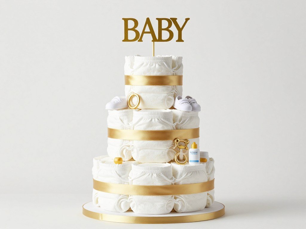 Elegant diaper cake with white and gold theme and baby accessories