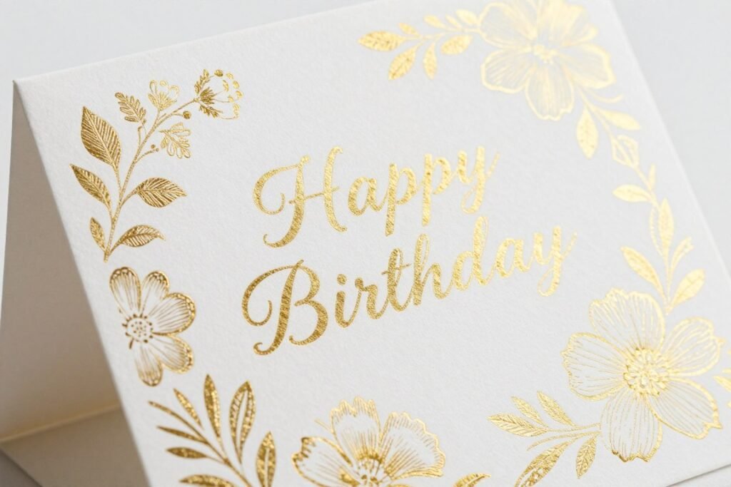 Elegant floral happy birthday card with gold foil accents
