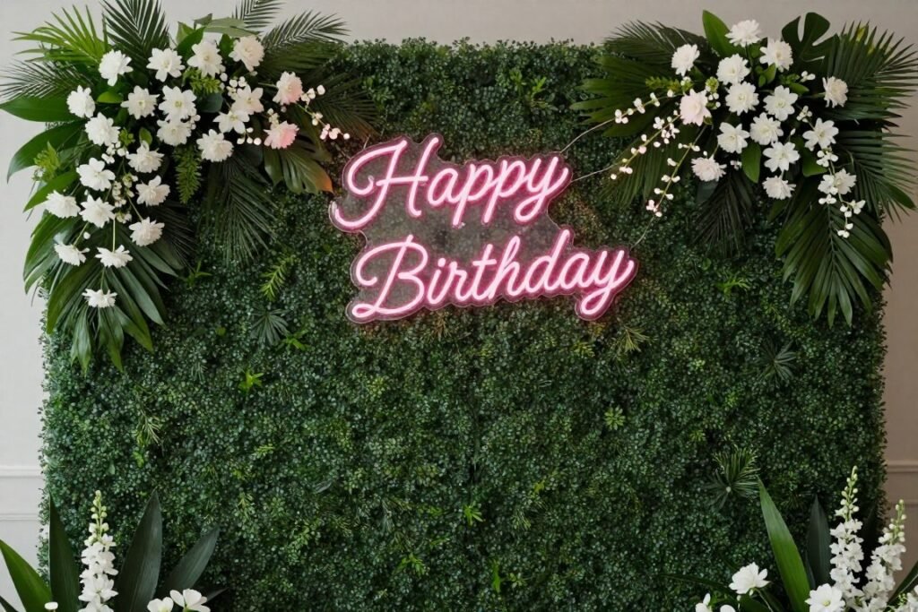 Elegant floral photo backdrop with neon happy birthday sign for party photos Elegant floral photo backdrop with neon happy birthday sign for party photos