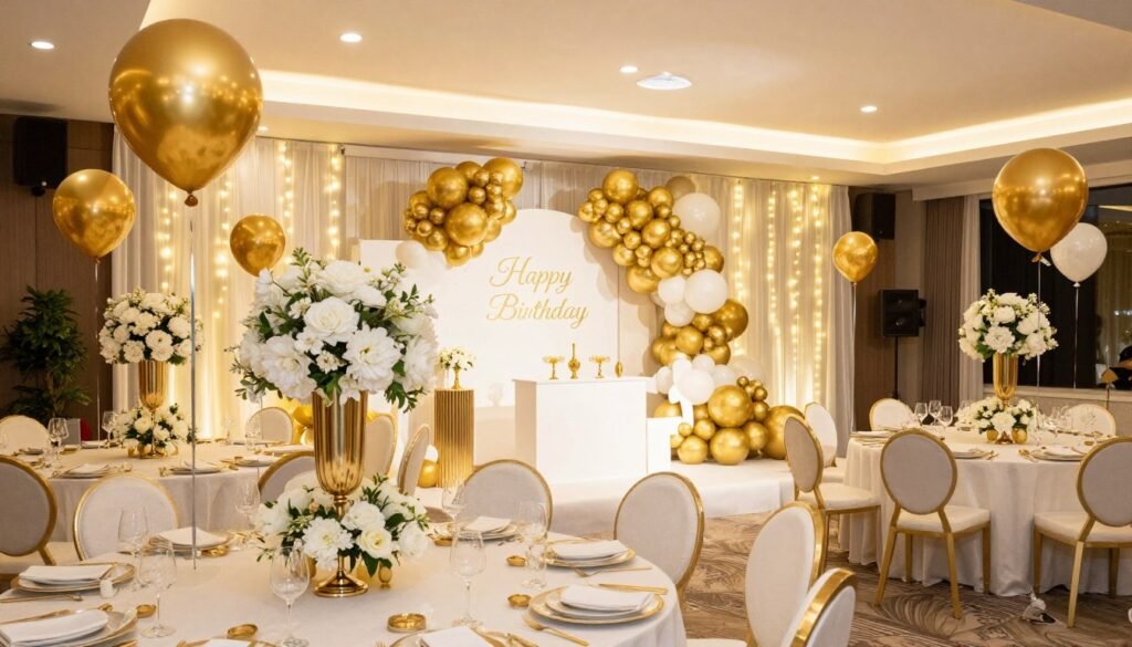 Elegant gold and white themed birthday party decoration with balloons, flowers, and coordinated elements Elegant gold and white themed birthday party decoration with balloons, flowers, and coordinated elements