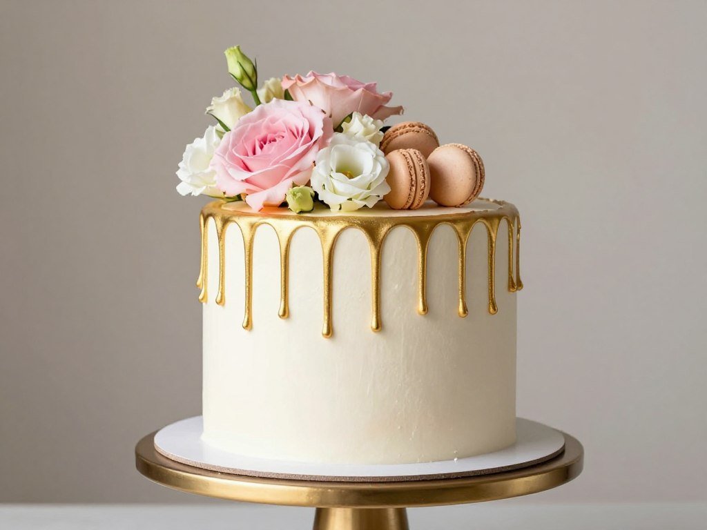 Elegant gold drip birthday cake with fresh flowers and macarons