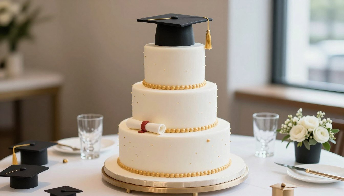 Elegant graduation cake with cap, diploma, and gold accents on a decorated celebration table