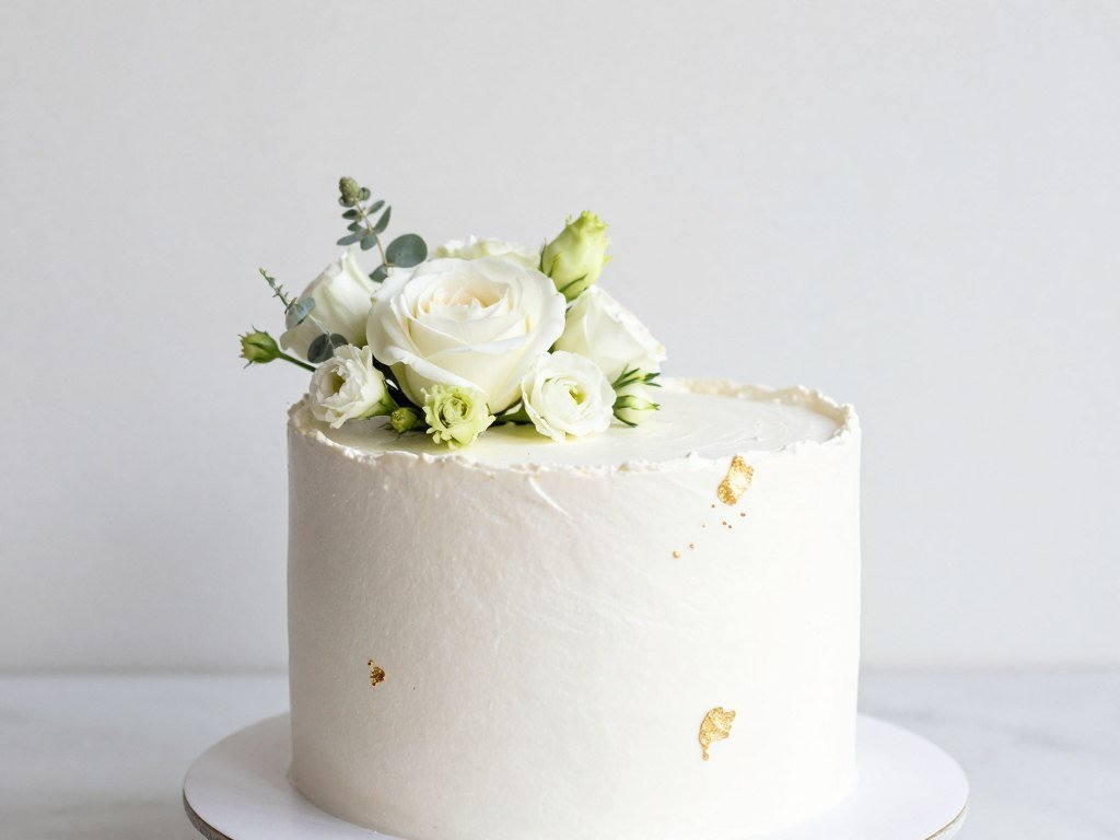 Elegant minimalist happy birthday cake with gold accents and fresh flowers