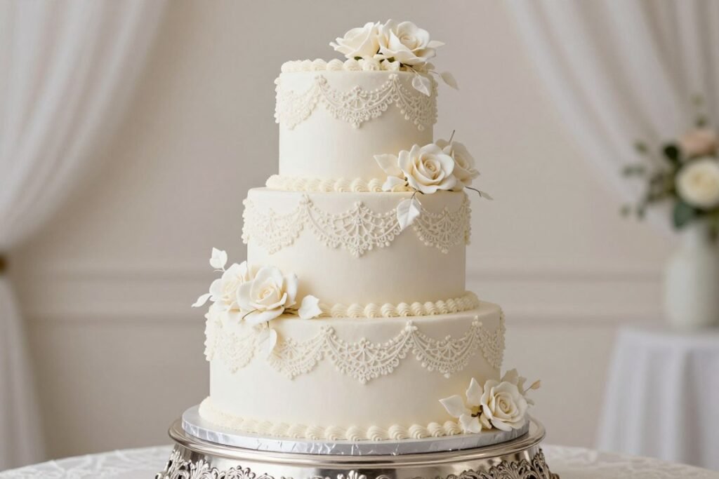 Elegant multi-tiered vintage wedding cake with royal icing details and sugar flowers