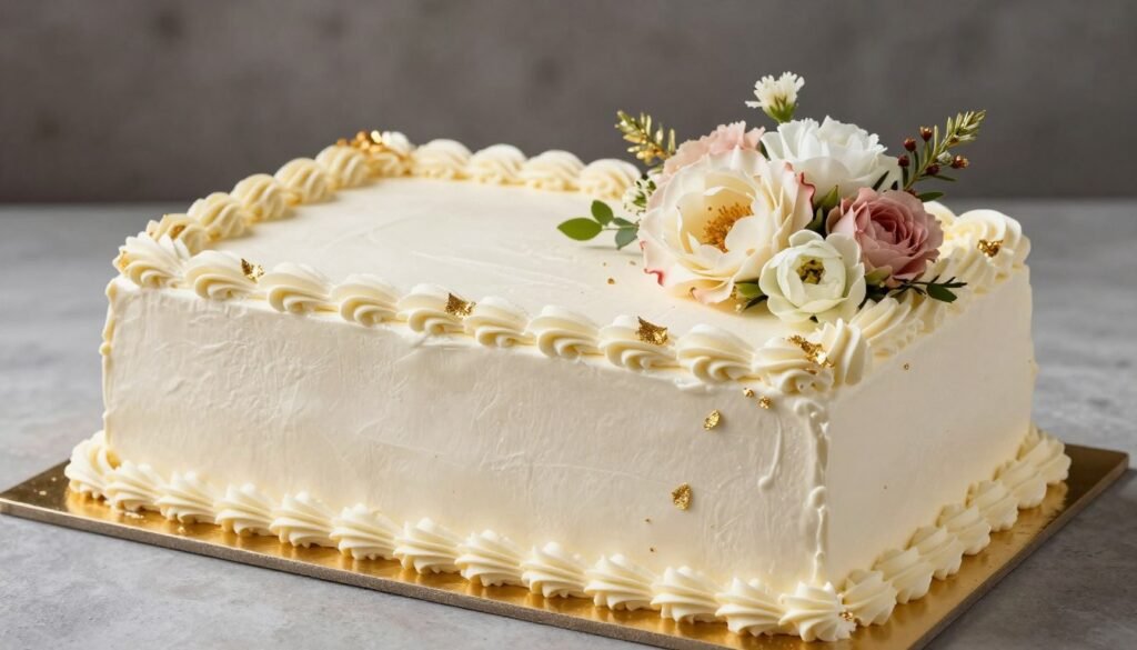 Elegant sheet cake with gold accents, fresh flowers, and smooth buttercream finish