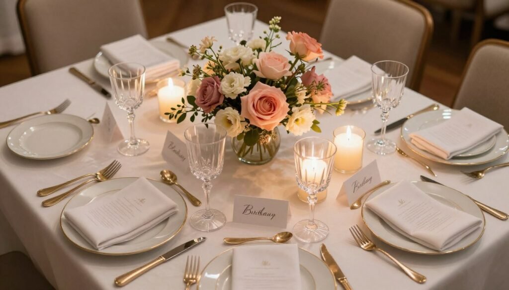 Elegant table setting for happy birthday woman celebration