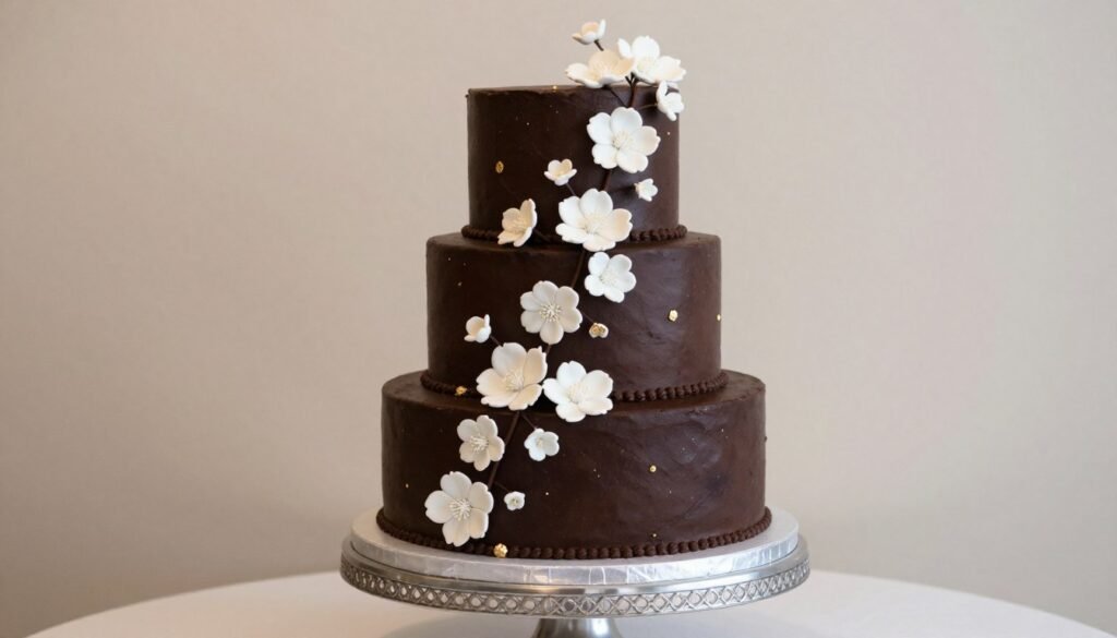 Elegant tiered chocolate wedding cake with white floral decorations Elegant tiered chocolate wedding cake with white floral decorations