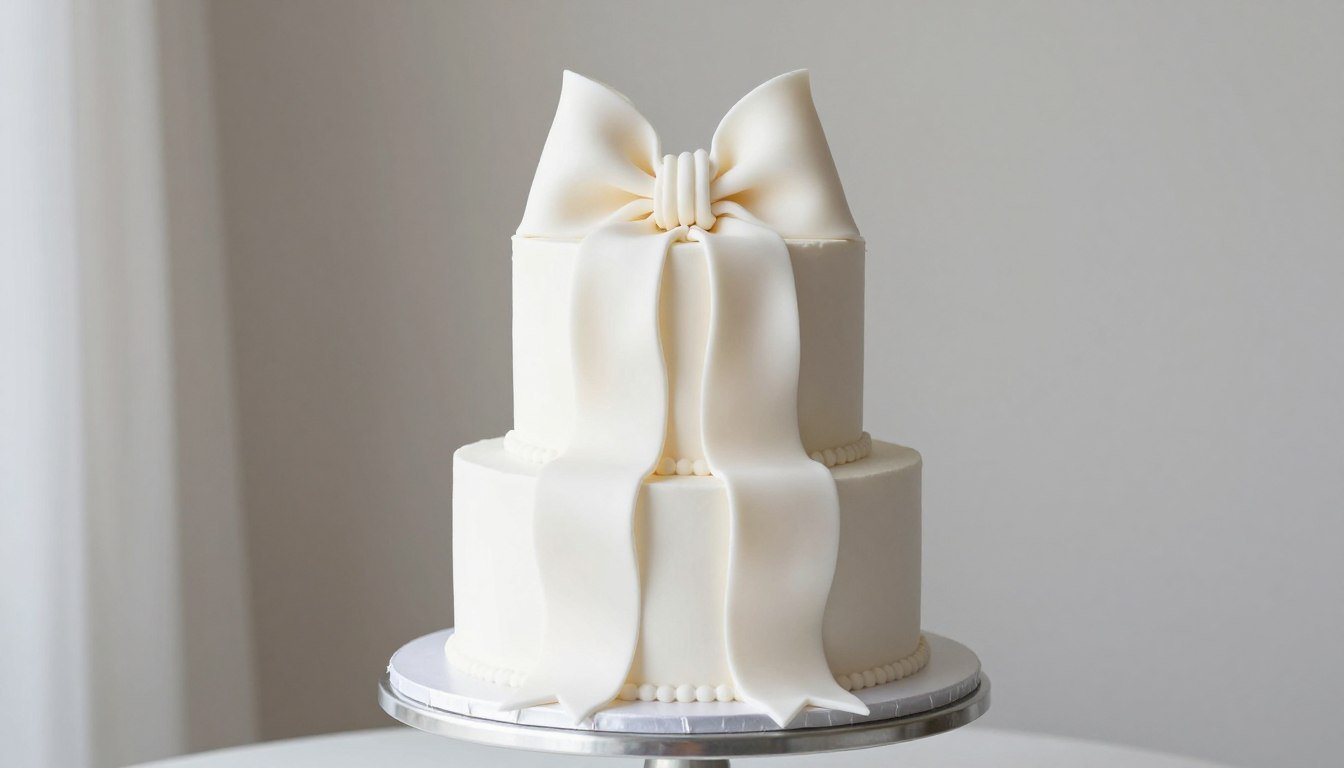 Elegant white wedding cake with a large fondant bow cake design on top tier