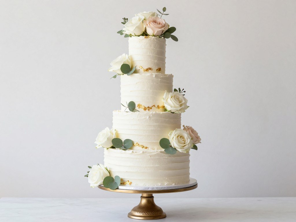 Elegant white wedding cake with fresh flowers and gold accents