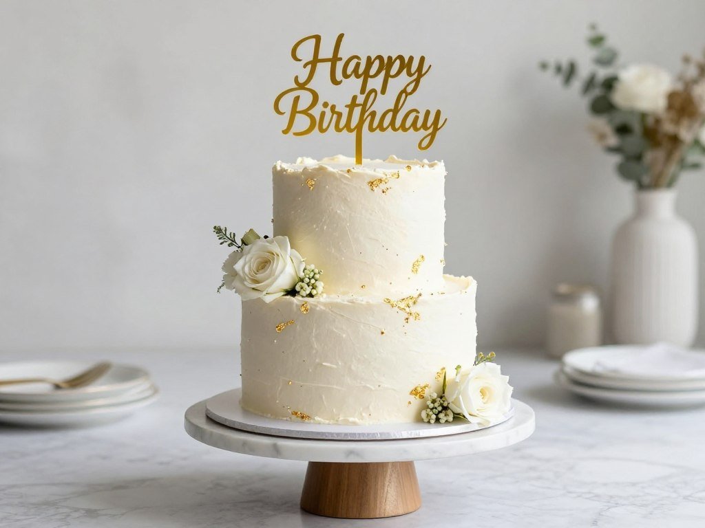 Elegantly styled birthday cake with fresh flowers and modern cake topper on marble stand Elegantly styled birthday cake with fresh flowers and modern cake topper on marble stand