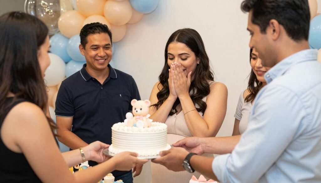 Emotional moment of cake presentation at baby shower celebration
