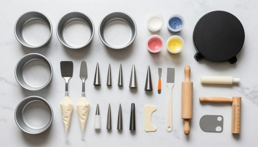 Essential bento cake decorating tools including small cake pans, offset spatulas, piping tips, and fondant tools