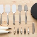 Creative Sheet Cake Designs: Your Ultimate Inspiration Guide Essential sheet cake decorating tools including offset spatulas, piping bags, and various tips arranged on a wooden surface