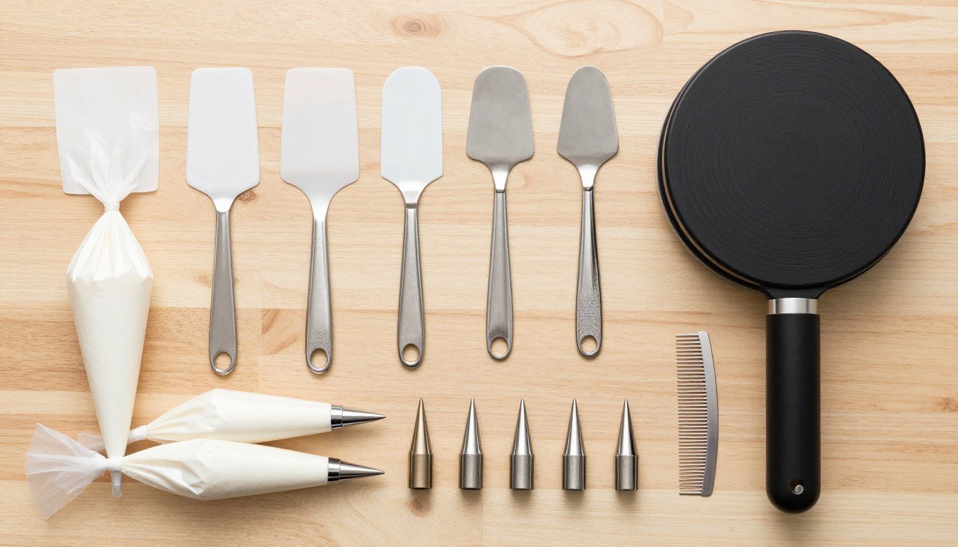 Essential sheet cake decorating tools including offset spatulas, piping bags, and various tips arranged on a wooden surface