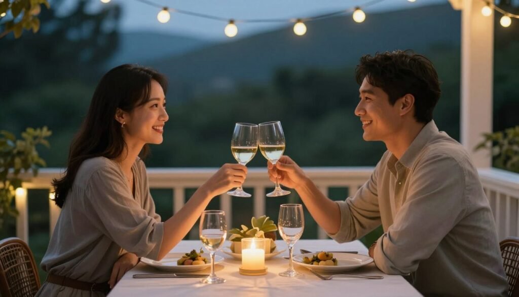 Evening birthday toast between husband and wife Evening birthday toast between husband and wife
