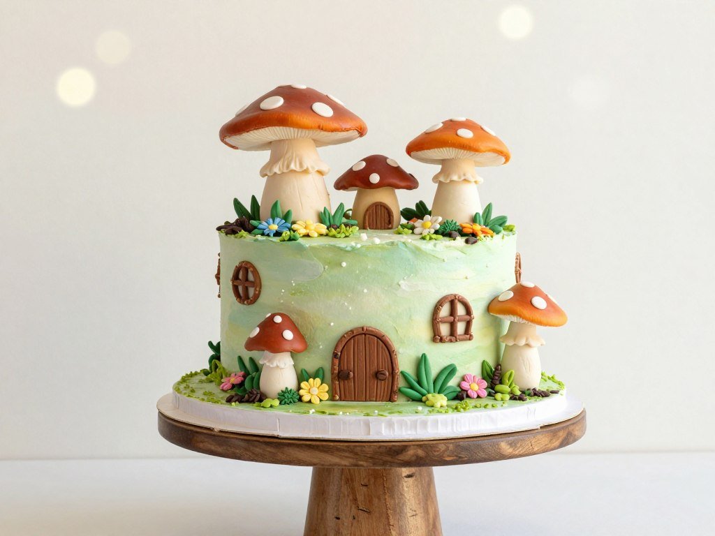 Fairy tale themed cake with mushroom houses and fantasy elements