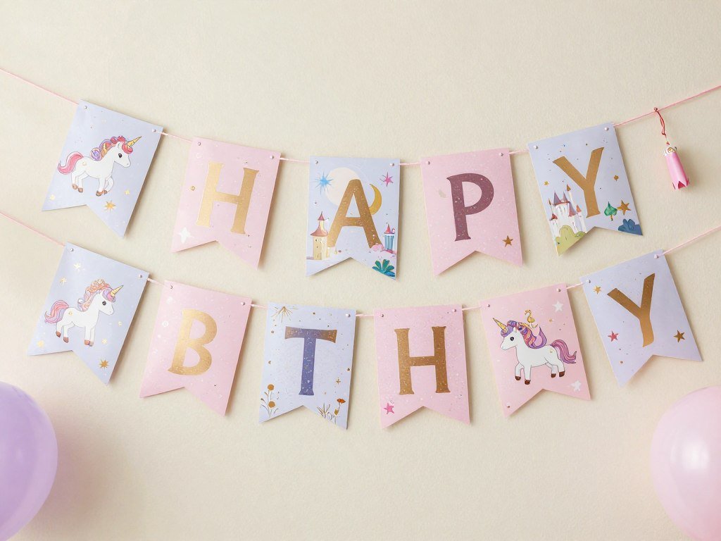 Fairy tale themed happy birthday banner with unicorns and magical elements Fairy tale themed happy birthday banner with unicorns and magical elements
