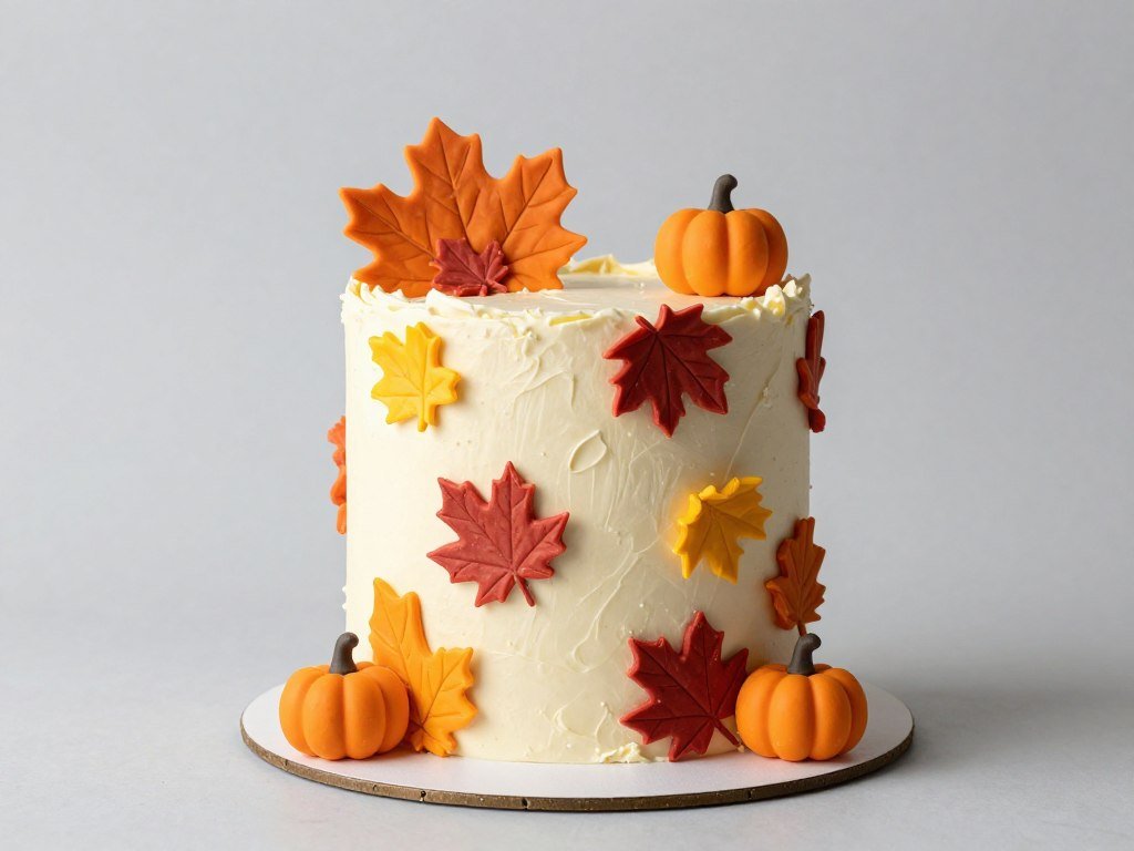 Fall themed cake with fondant leaves and pumpkin decorations