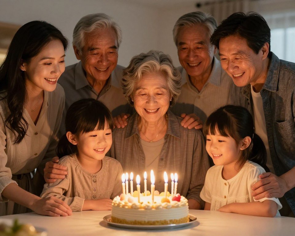 Family celebrating a birthday with cake and special happy birthday wishes
