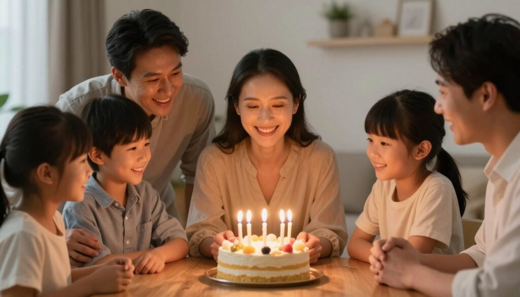 Family gathered around mom for a birthday tradition, lighting candles on a cake with expressions of joy Family gathered around mom for a birthday tradition, lighting candles on a cake with expressions of joy
