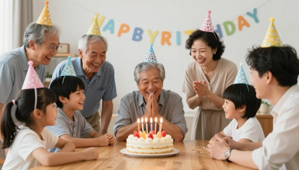 Family laughing together at a birthday celebration with funny happy birthday wishes