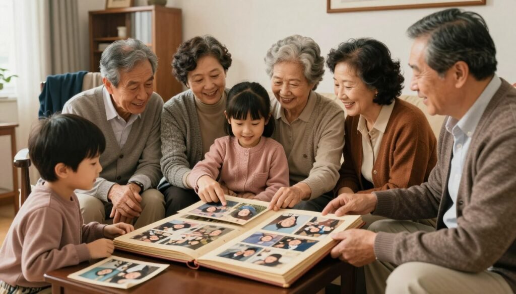 Family members sharing stories and looking at photo albums for happy birthday in heaven dad