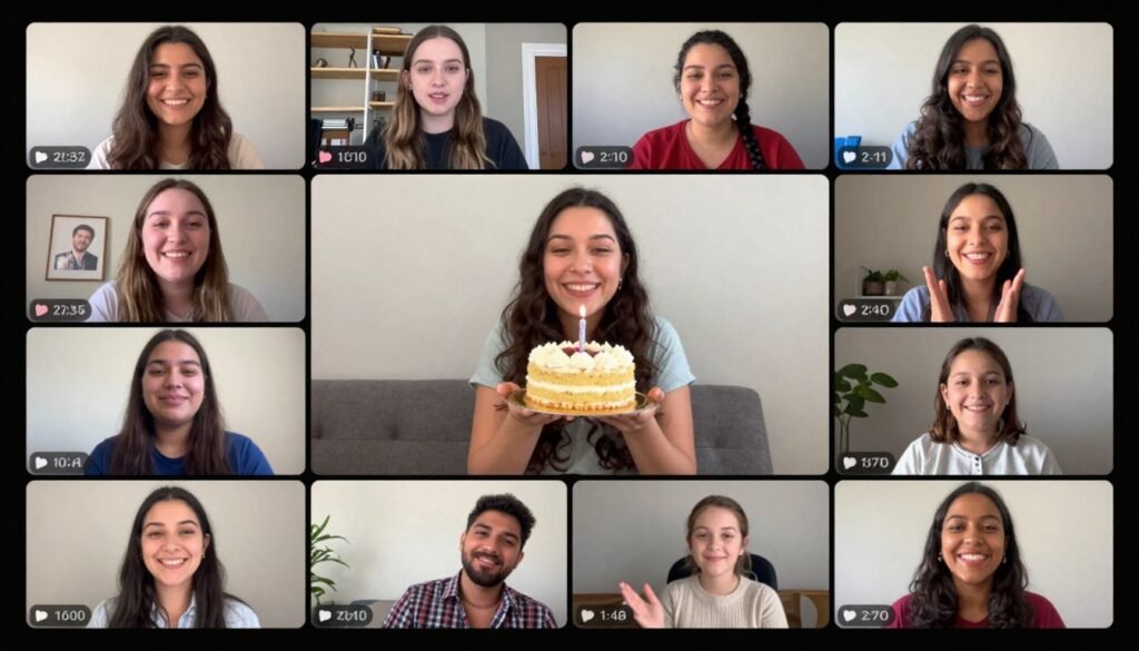 Family on video call celebrating a happy birthday sister in law from a distance