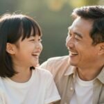 Father and adult child laughing together outdoors in natural light