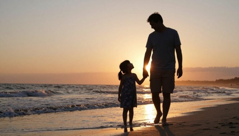 Father and daughter walking hand in hand on a beach at sunset, silhouetted against the golden sky
