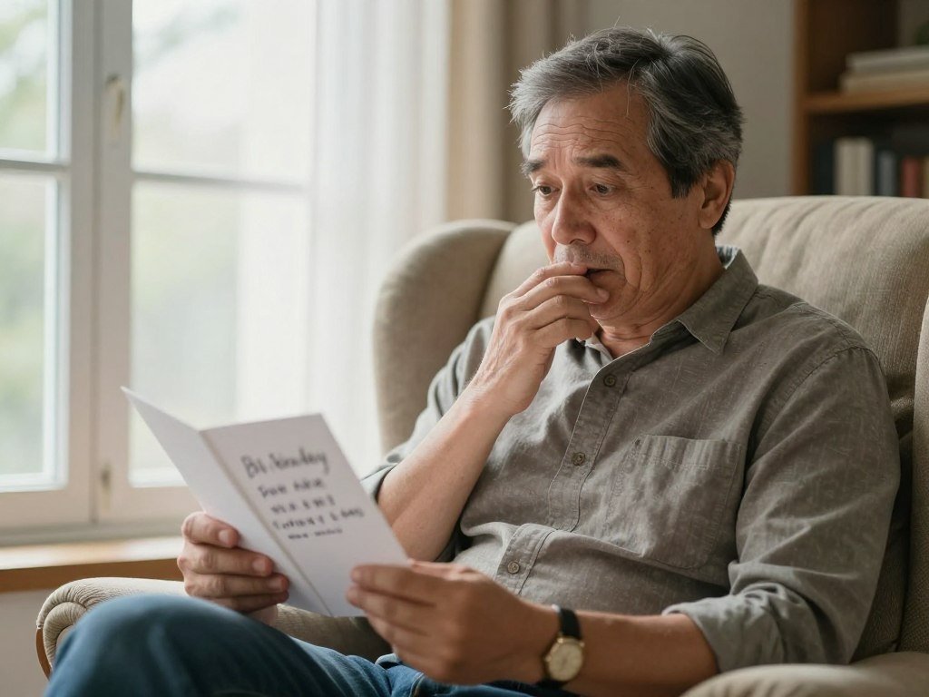 Father reading a heartfelt birthday card with emotional expression