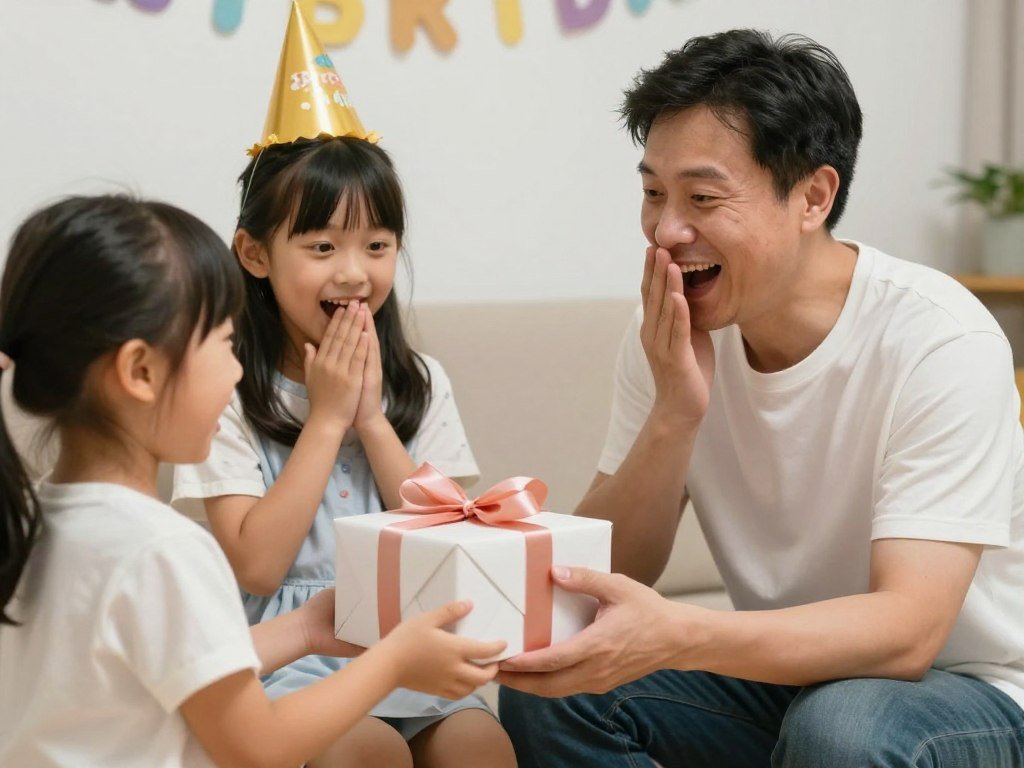 Father receiving a birthday gift from his children Father receiving a birthday gift from his children