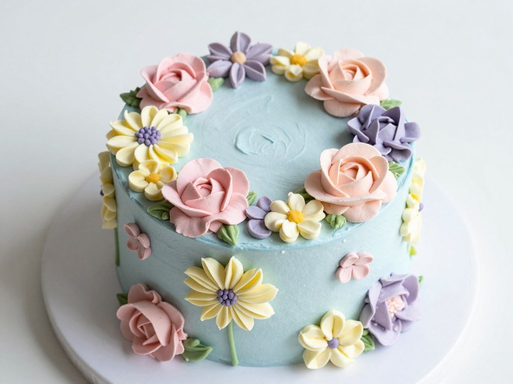 Floral bento cake with piped buttercream flowers in pastel colors