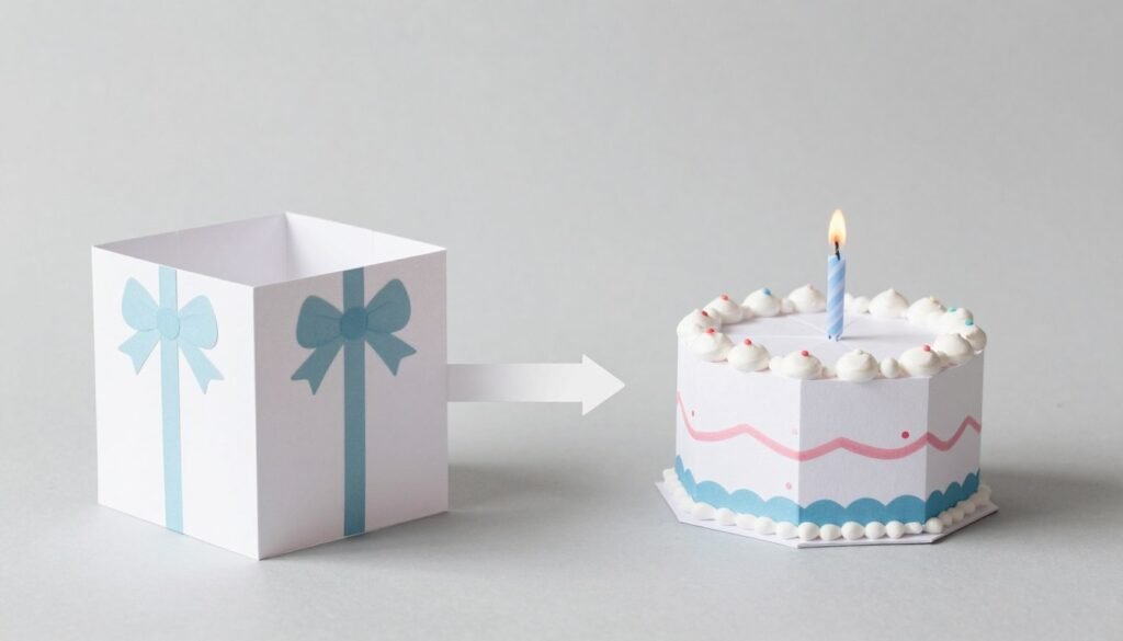 Folding surprise birthday card that transforms from a present to a cake