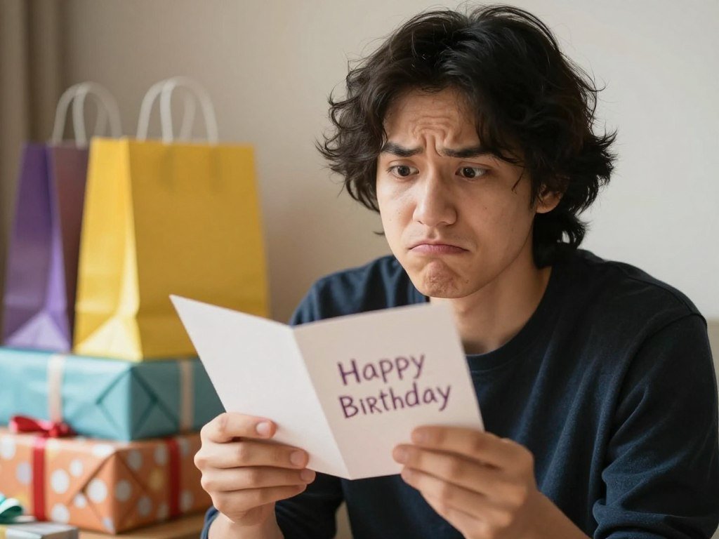 Friend with a sarcastic expression opening a funny birthday card