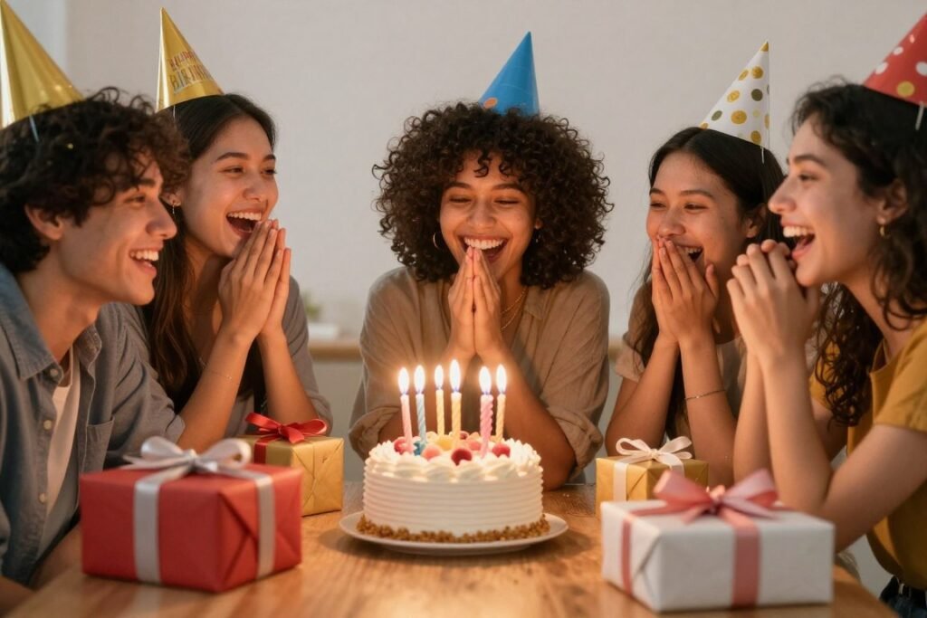 Friends celebrating a birthday together with cake, gifts, and laughter, showing the joy of friendship on a special day