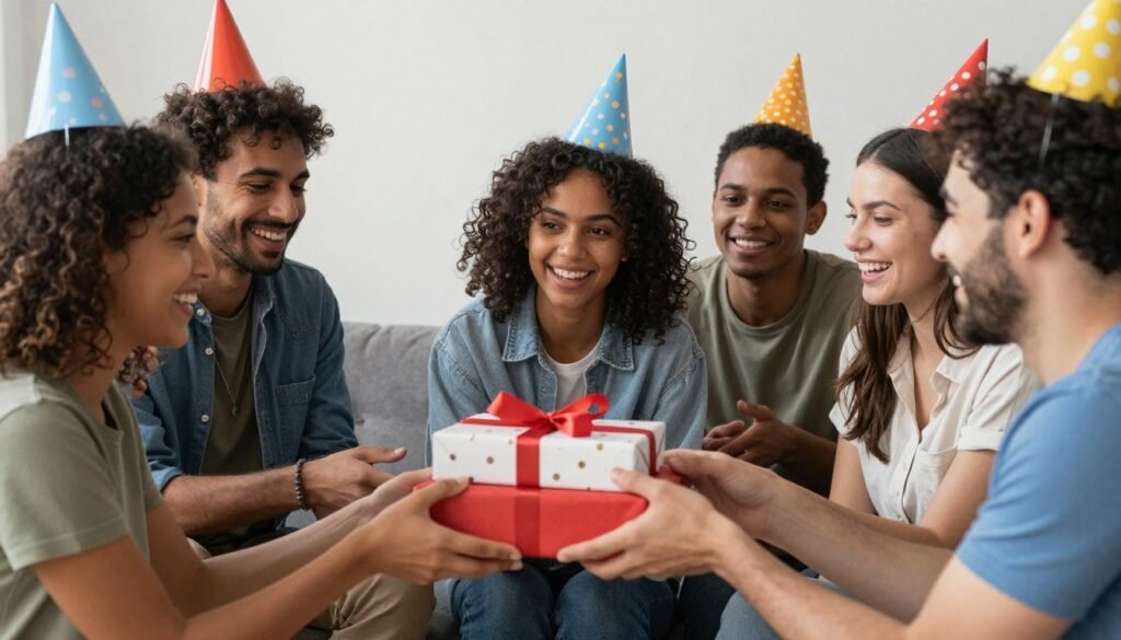 Friends celebrating a birthday together with gifts and happy birthday wishes Friends celebrating a birthday together with gifts and happy birthday wishes