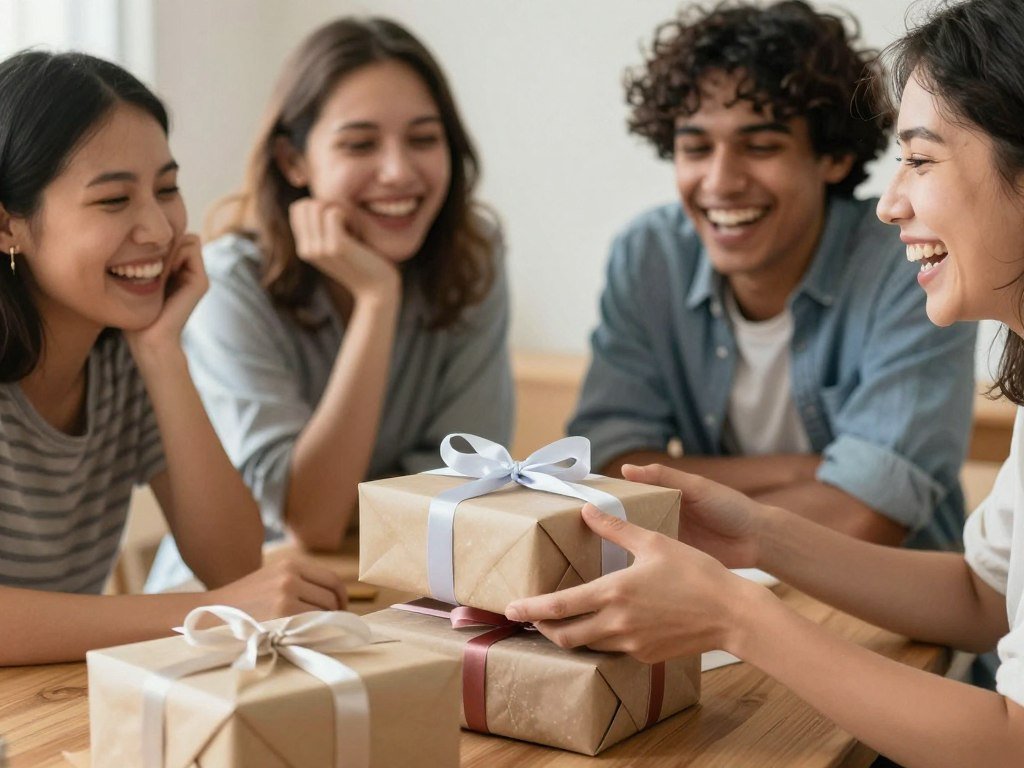Friends celebrating a birthday with gifts and laughter