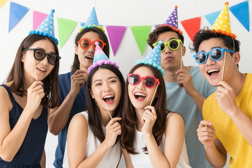 Friends celebrating with funny birthday hats and props