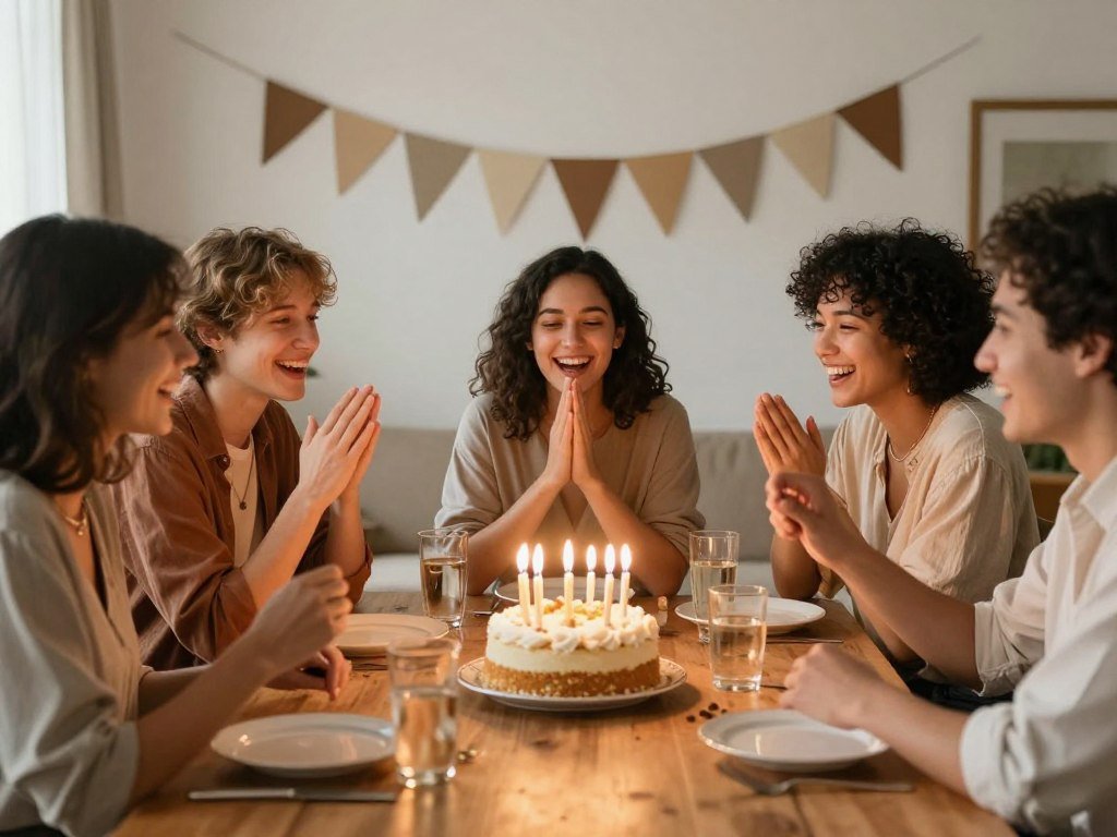 Friends enjoying a birthday cake and celebration at home