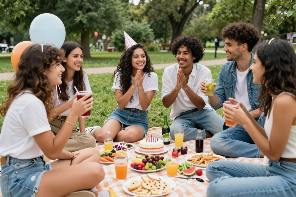 Friends enjoying a birthday picnic in a park with balloons and cake