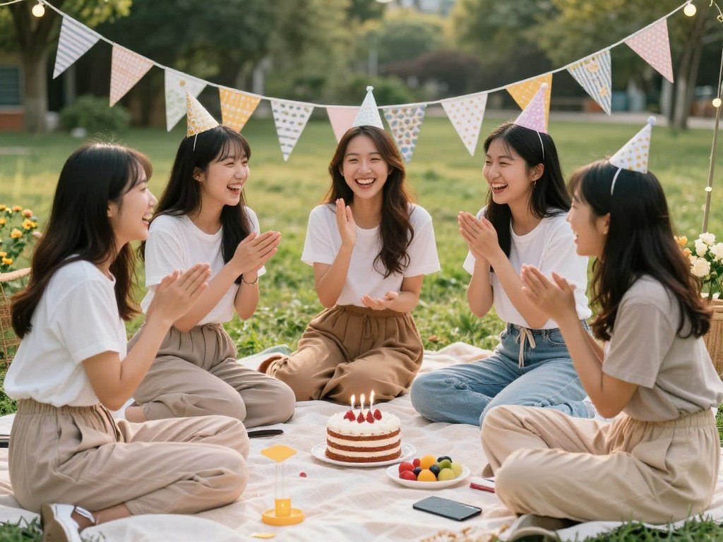 Friends enjoying a birthday picnic outdoors with decorations and cake