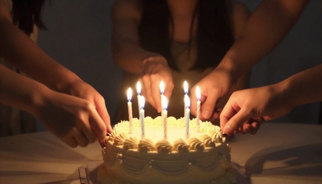 Friends gathered around a birthday cake with candles for a happy birthday friend celebration, faces not visible