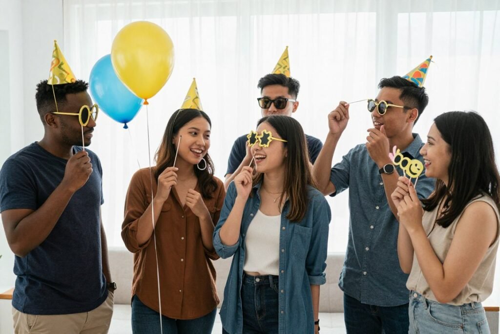 Friends holding birthday props for a happy birthday Instagram story without text Friends holding birthday props for a happy birthday Instagram story without text