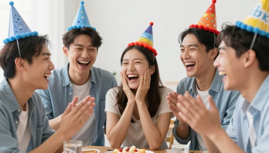 Friends laughing at a birthday celebration with party hats